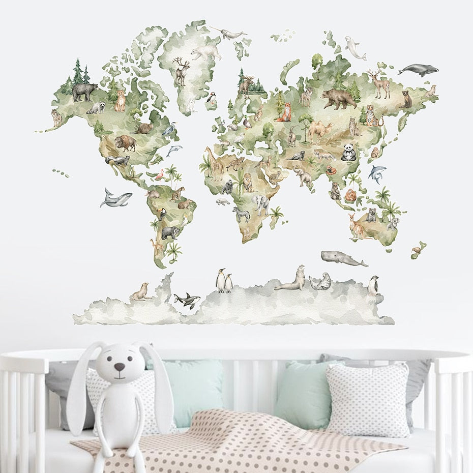 Animals Wildlife World Map, Wall Stickers