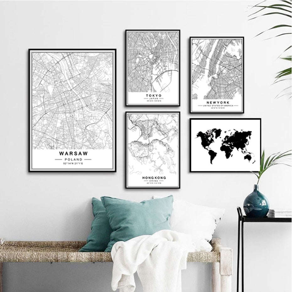 B&W World Cities Map, canvas