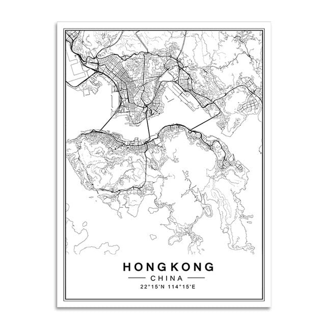 B&W World Cities Map, canvas