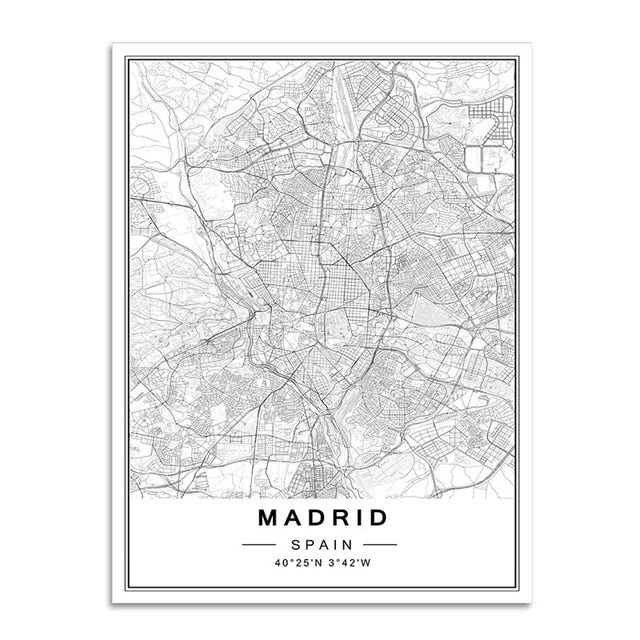 B&W World Cities Map, canvas