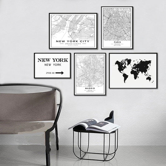 B&W World Cities Map, canvas