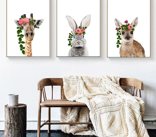 Baby animals with flowers, canvas